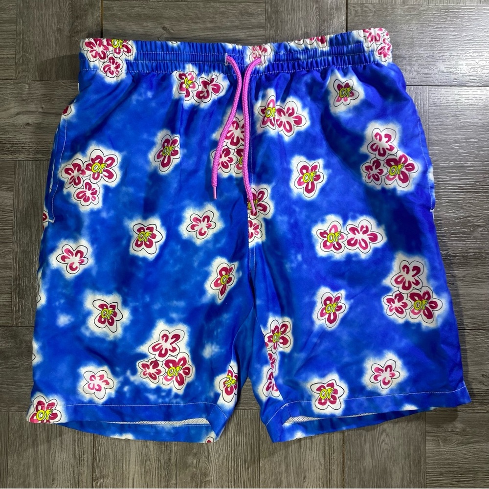Odd Future Board Shorts Flowers Blue / Purple Elastic Waist Swim Trunks Small S